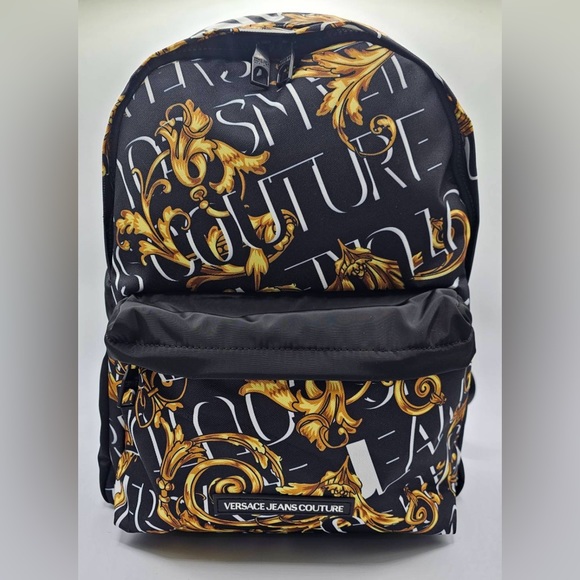 Versace Jeans Couture Logo Black And Yellow Baroque Print Backpack - Picture 1 of 11